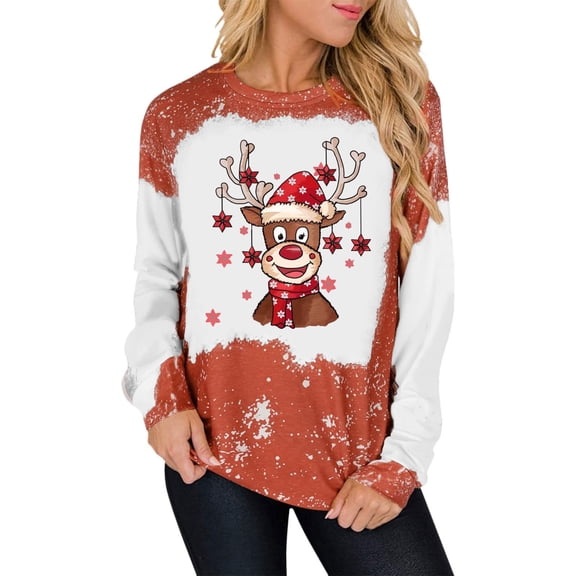 Womens Color Block Sweatshirt Christmas Graphic Print Tops Crewneck Long Sleeve Pullover Sweatshirts Casual Tops