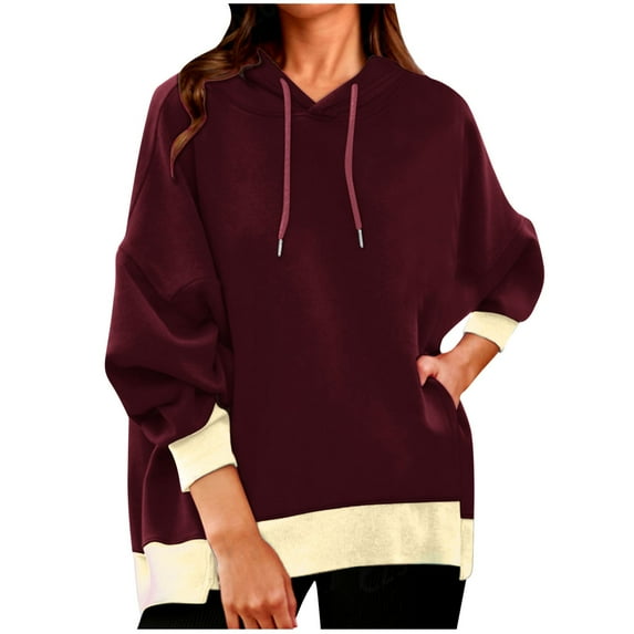 Womens Color Block Sweatshirt Plus Size Round Neck Long Sleeve Drawstring Hoodies Casual Loose Pullover Tops With Pocket