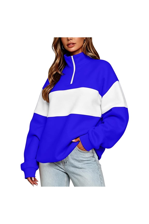 Womens Color-Block Sweatshirts Half Zipper Long Sleeve Striped Pullover Tops Graphic Oversized Pullover Shirts Blue L