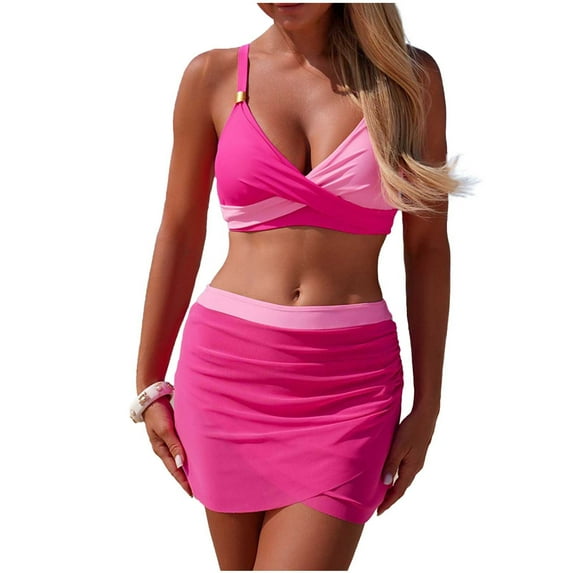 Womens Color Block Swimsuits with Skirts Two Piece Bikini Bathing Suits Twist Front Bikinis Swimwear Mesh Skirt(Pink S)