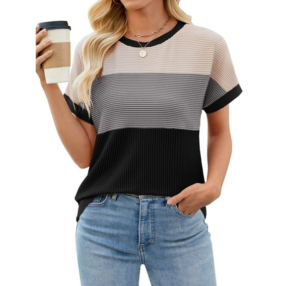 Womens Color Block T Shirts Tops Fashion Short Sleeve Crewneck Knitted Spring Summer Casual Loose Fit