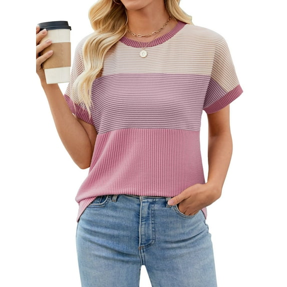 Womens Color Block T Shirts Tops Fashion Short Sleeve Crewneck Knitted Spring Summer Casual Loose Fit