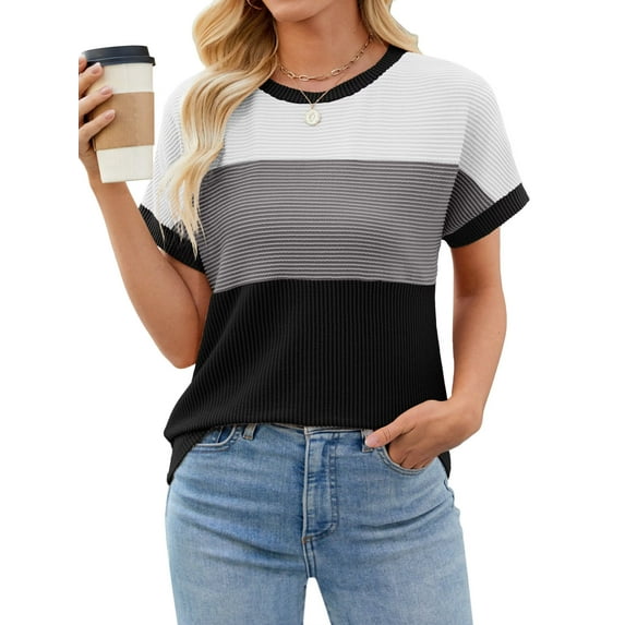 Womens Color Block T Shirts Tops Fashion Short Sleeve Crewneck Knitted Spring Summer Casual Loose Fit