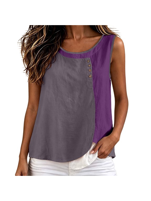 Womens Color Block Tank Tops Sleeveless Round Neck Split Hem Shirt Summer Versatile Loose Shirts Gray L
