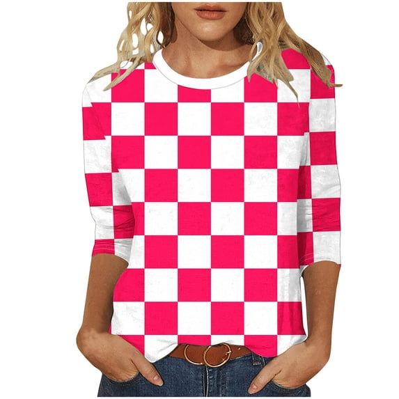 Womens Color Block Tops Casual 3/4 Length Sleeve Round Neck Comfy Soft Travel Shirts Loose Lounge Summer Hiking Blouses