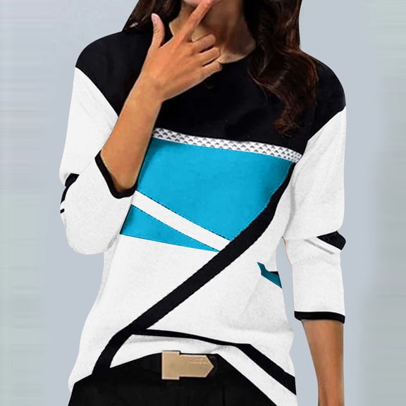 Womens Color Block Tops Long Sleeve Patchwork Shirt Basic Crewneck Sweatshirt Casual Y2K Tops Oversized Blouses Women Sky Blue L