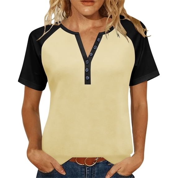 Womens Color Block Tops Short Sleeve Button V Neck Shirts Business Casual Outfit Basic Tees Trendy Summer Tops