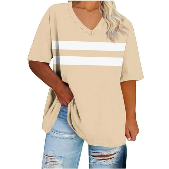 Womens Color Block Tunic Tops Relaxed Fit Pullover Sweater Blouses V-Neck Short Sleeve Blosues Lounge Dressy Tops Summer Breathable Ressy T Shirts Work Bussiness Clothes
