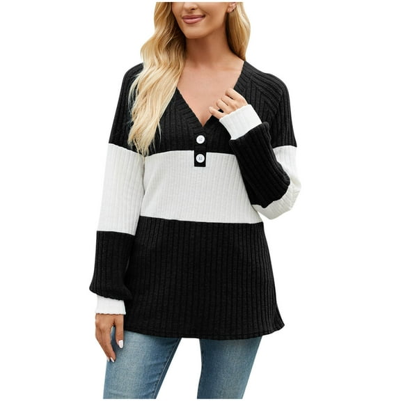 Womens Color Block V Neck Sweater Long Sleeve Loose Warm Tee Tops Sweaters Pullovers 2025 Fashion Clothes
