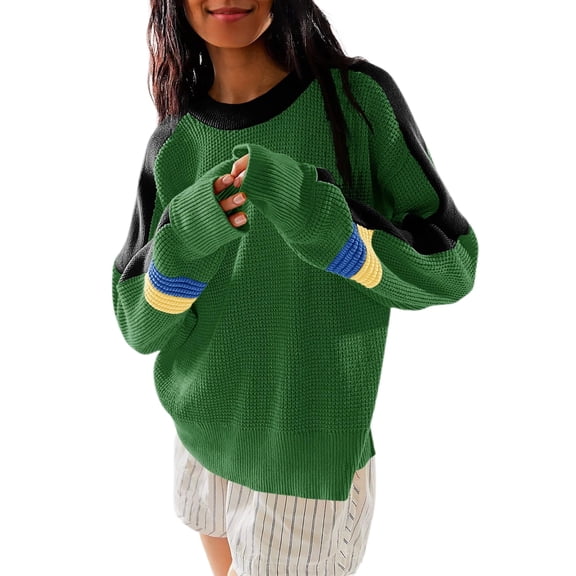 Womens Color Block Waffle Knit Sweaters Crewneck Long Sleeve Loose Fall Pullover