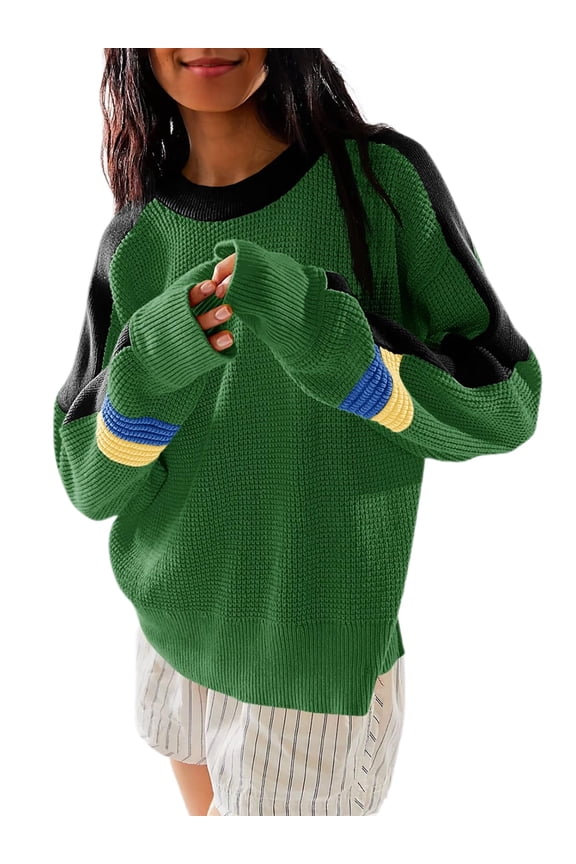 Womens Color Block Waffle Knit Sweaters Crewneck Long Sleeve Loose Fall Pullover