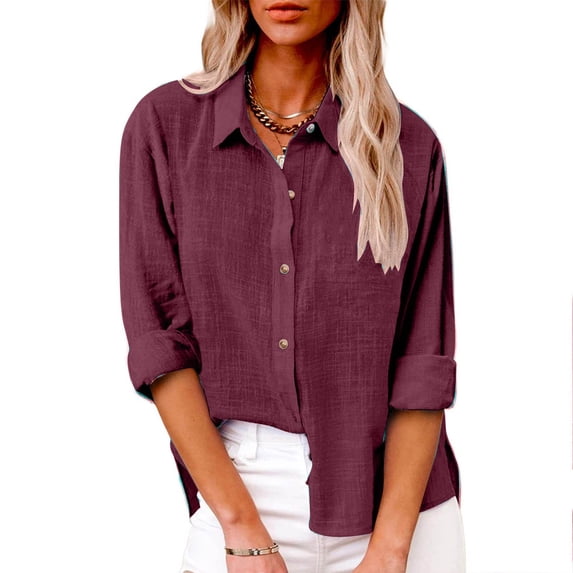 Womens Color Button Shirts V Neck Loose Blouse Longt Sleeve Casual Work Tunic with Pocket