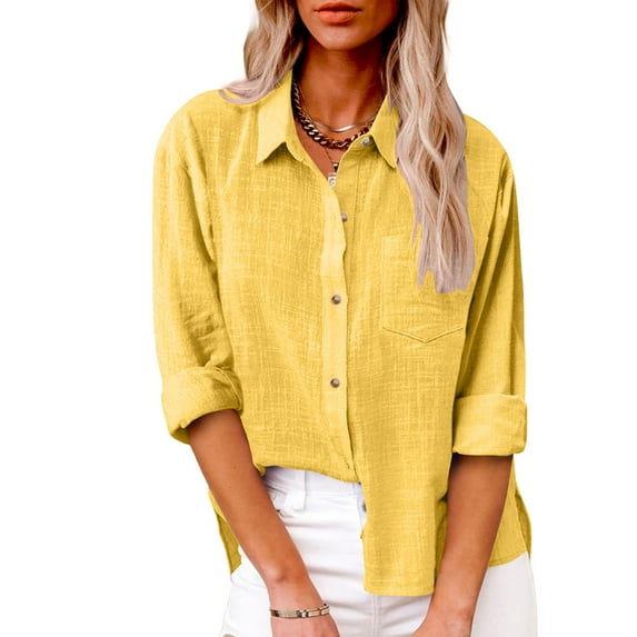 Womens Color Button Shirts V Neck Loose Blouse Longt Sleeve Casual Work Tunic with Pocket