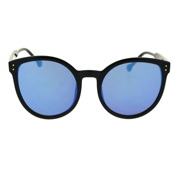 Womens Color Mirror Lens Oversize Round Butterfly Chic Sunglasses Shiny Black Blue Mirror