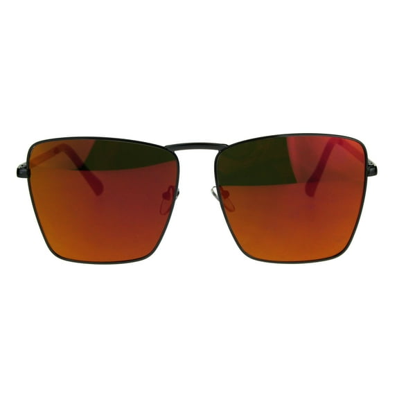 Womens Color Mirror Oversize Metal Rim Rectangular Sunglasses Black Fuchsia