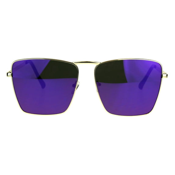 Womens Color Mirror Oversize Metal Rim Rectangular Sunglasses Gold Purple