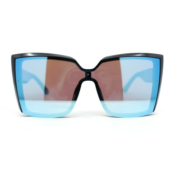 Womens Color Mirror Oversized Half Rim Shield Cat Eye Plastic Fashion Sunglasses Black - Blue Mirror