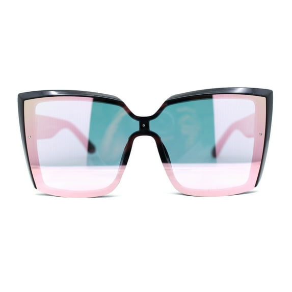 Womens Color Mirror Oversized Half Rim Shield Cat Eye Plastic Fashion Sunglasses Black - Pink Mirror