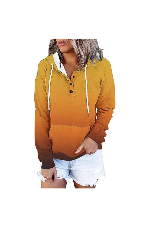 Womens Colorblock Drawstring Hoodie with Buttons Pocket Striped Loose Pullover Hooded Sweatshirt Long Sleeve Tops (XL, Yellow|Gradient)