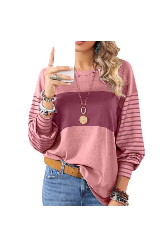 Womens Colorblock Hot Shot T-shirt Long Sleeve Round Neck Pullover Tops Striped Basice T-shirt