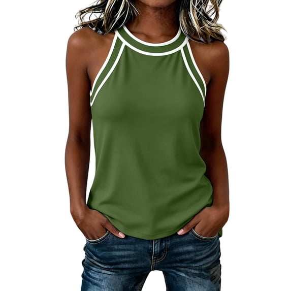 Womens Colorblock Racerback Crew Neck Casual Fitted Tank Top Summer Sleeveless Camis S-3XL Green