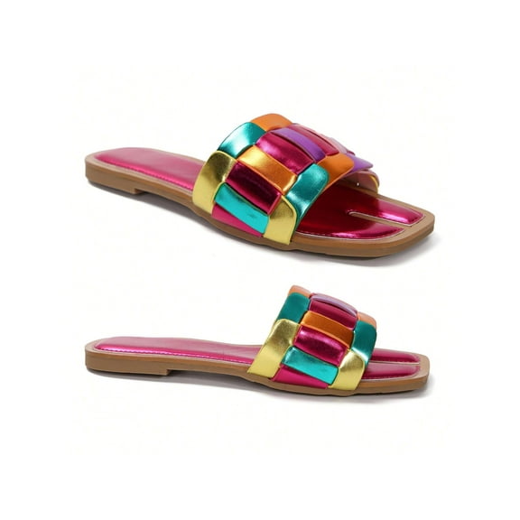 Womens Colorblock Slides Wide Fit Soft Comfort Casual Open-Toe Sandals - Easy Slip-On Shoes for Women