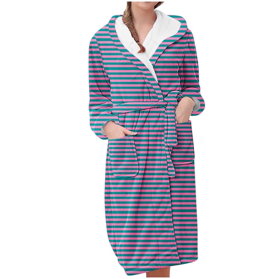 Womens Colorblock Striped Plush Hooded Robe Fleece Cozy Warm Bathrobe Soft Long House Coat Loungewear with Pockets