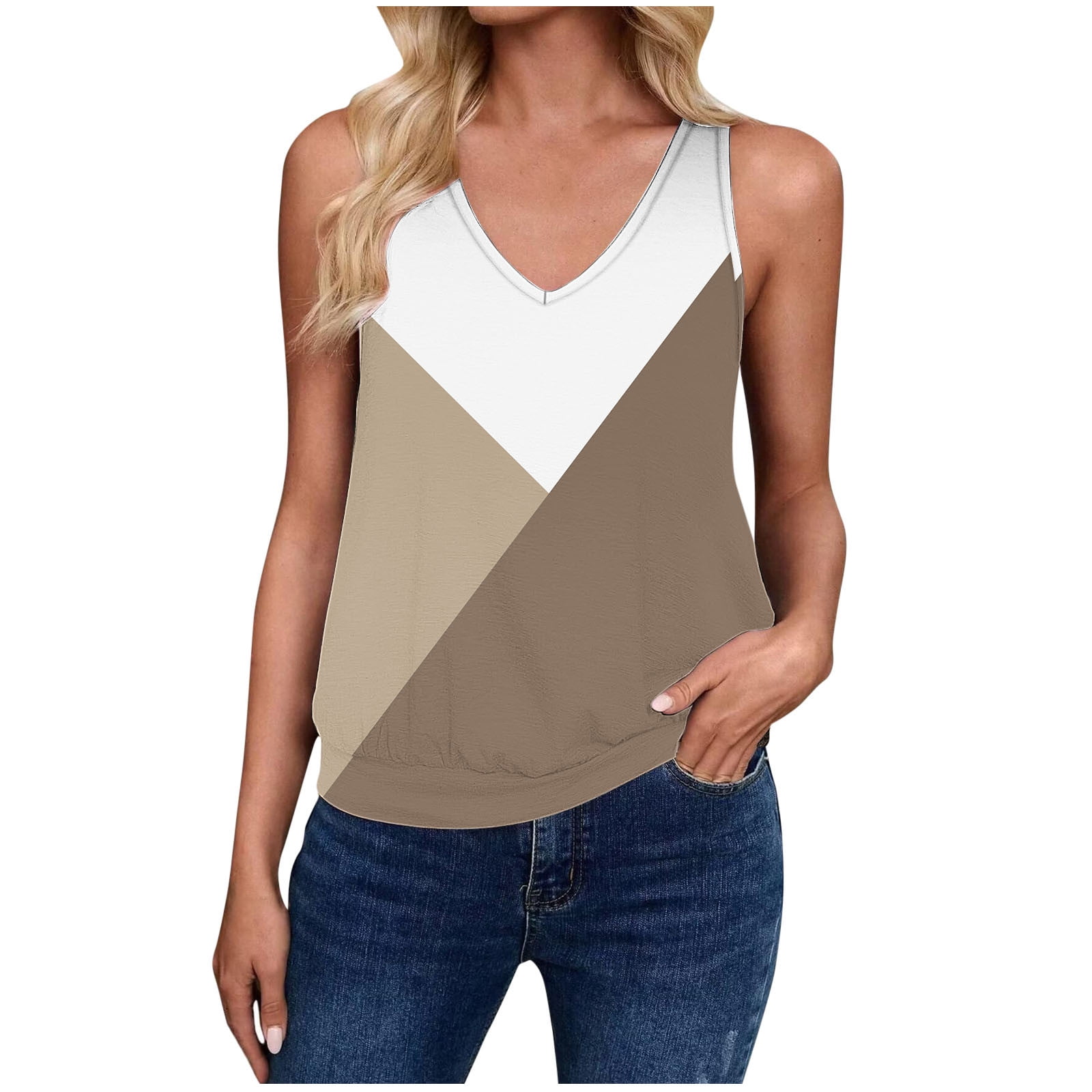 Womens Colorblock Tank Tops with Banded Bottom Loose Casual V Neck Sleeveless Tees Shirt Dressy Blouses