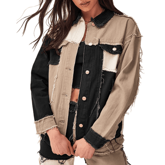 Womens Colored Long Sleeve Distressed Fringe Denim Jacket Raw Hem Spring Fall Jean Coat Outerwear(BL-2XL)