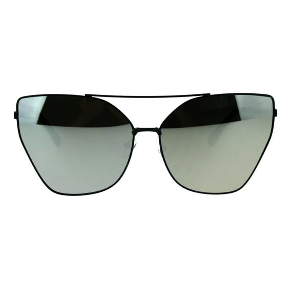 Womens Colored Mirror Flat Panel Oversize Metal Rim Cat Eye Sunglasses Black Silver Mirror