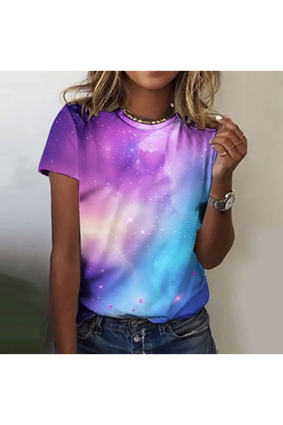 Womens Colorful Galaxy Print T-Shirt Short Sleeve Crew Neck Graphic Tee Space Nebula Star Pattern Casual Top,Size 2XL