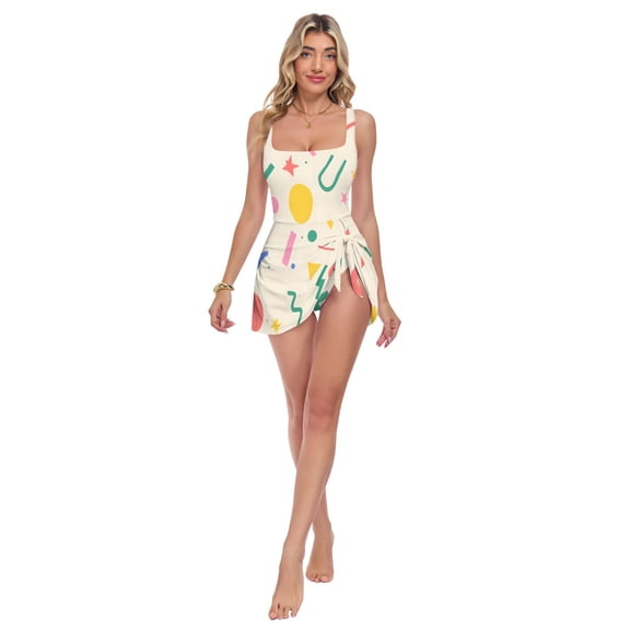 Womens Colorful Geometric Patterns Print 2-in-1 Swim Dress Detachable Skirt One-Piece Swimsuit Square Neck S-XXL