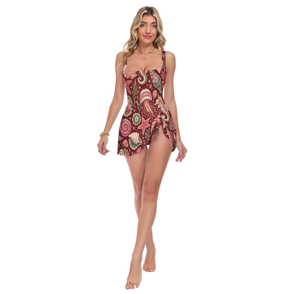 Womens Colorful Jellyfish Shells Print 2-in-1 Swim Dress Detachable Skirt One-Piece Swimsuit Square Neck S-XXL