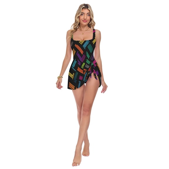 Womens Colorful Line Pattern Print 2-in-1 Swim Dress Detachable Skirt One-Piece Swimsuit Square Neck S-XXL