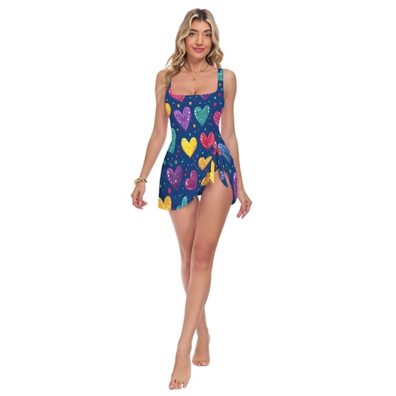 Womens Colorful Polka Dot Heart-shaped Pattern Print 2-in-1 Swim Dress Detachable Skirt One-Piece Swimsuit Square Neck S-XXL