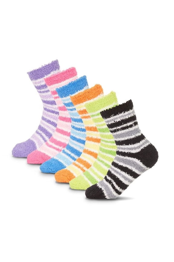 Womens Colorful Soft Warm Microfiber Fuzzy Winter Striped Crew Socks WIth Foot Grip