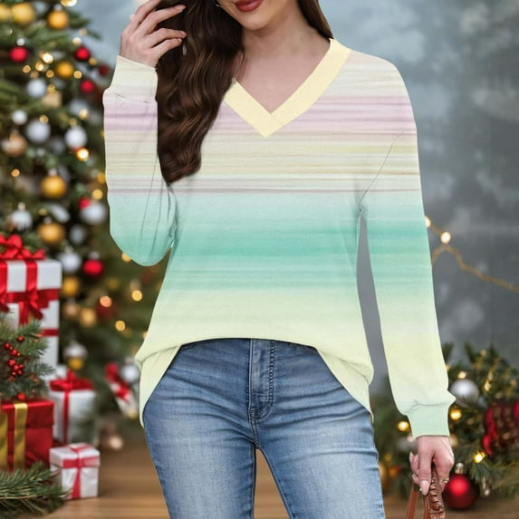 Womens Colorful Striped Long Sleeve T-Shirt - V-Neck Stripes Casual Tshirt Loose Fit Fall Clothing Top for Travel