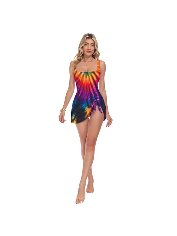 Womens Colorful Tie Dye Pattern Print 2-in-1 Swim Dress Detachable Skirt One-Piece Swimsuit Square Neck S-XXL