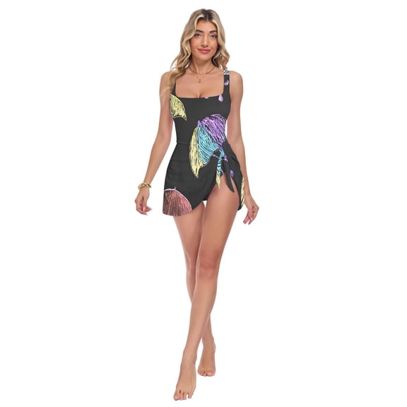 Womens Colorful Umbrella Pattern Print 2-in-1 Swim Dress Detachable Skirt One-Piece Swimsuit Square Neck S-XXL