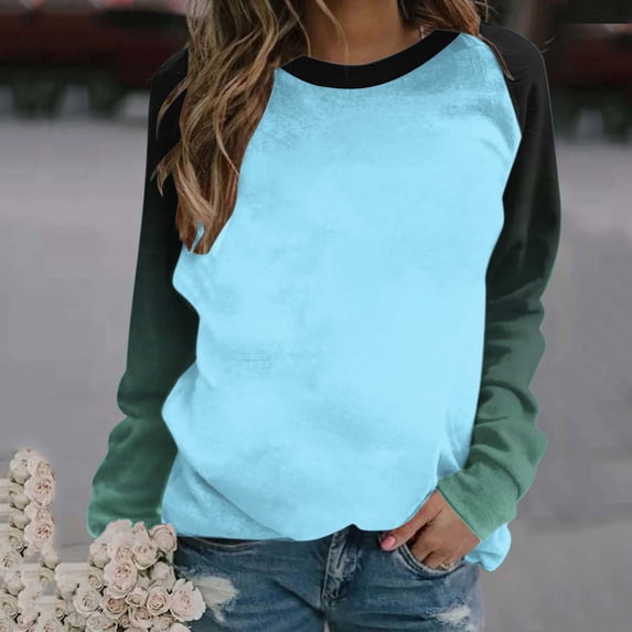 Womens Colourblock Crewneck Sweatshirts Loose Fit Lightweight Gradient Shirt Casual Raglan Long Sleeve Pullover Tunic Tops