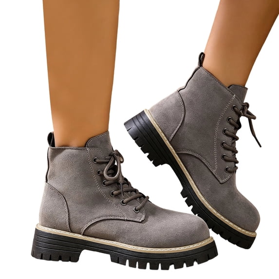 Womens Combat Boots Faux Suede Lace Up Chunky Platform Lightweight Non Slip Work Hiking Booties