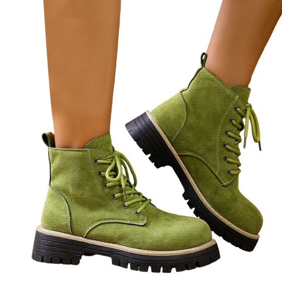 Womens Combat Boots Faux Suede Lace Up Chunky Platform Lightweight Non Slip Work Hiking Booties
