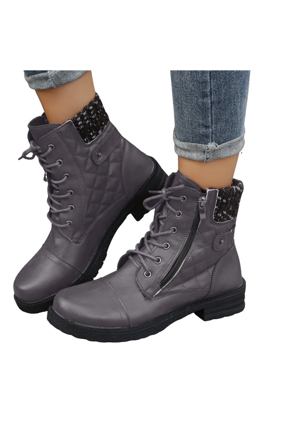 Womens Combat Boots Lace up Knitted Stretch Ankle Booties Waterproof Stitching Leather Platform Zipper Winter Riding Boots