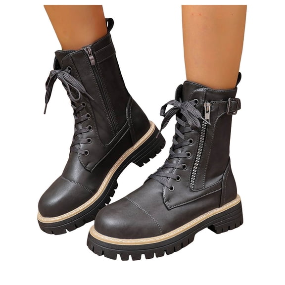 Womens Combat Boots Trendy Lace up Chunky Lug Sole Winter Warm Waterproof Mid Calf Riding Booties with Zipper Pocket