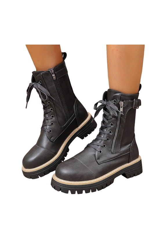 Womens Combat Boots Trendy Lace up Chunky Lug Sole Winter Warm Waterproof Mid Calf Riding Booties with Zipper Pocket