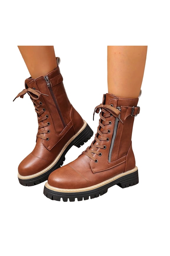 Womens Combat Boots Trendy Lace up Chunky Lug Sole Winter Warm Waterproof Mid Calf Riding Booties with Zipper Pocket