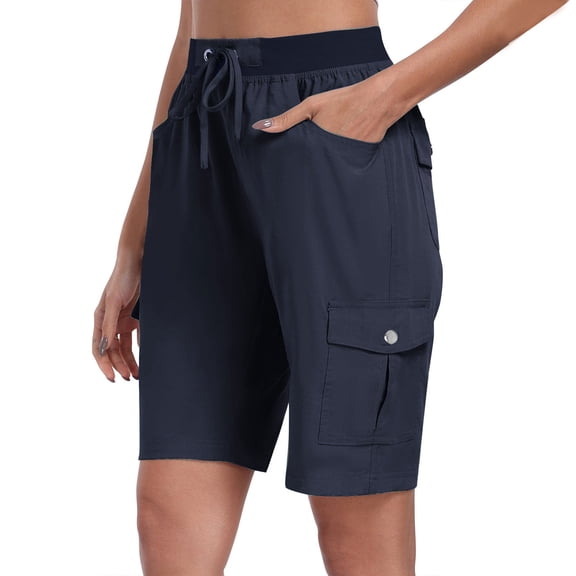 Womens Combat Cargo Hiking Shorts with Multi Pockets Drawstring Pull Onelastic Waist Casual Loose Fit Roll up Fashion Summer Knee Length Pants Outdoor Athletic Running Bermuda Shorts