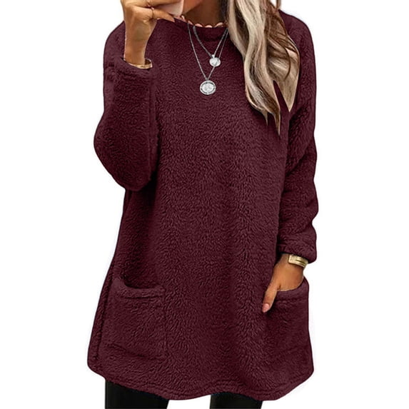 Womens Comfort Cozy Sweaters for Anxiety Long Sleeve Shirts Crew Neck Sweatshirts Lightweight Casual Pullover Winter Warm Cute Long Tops Fuzzy Sherpa Fleece Tunic Sweaters with Pockets Red