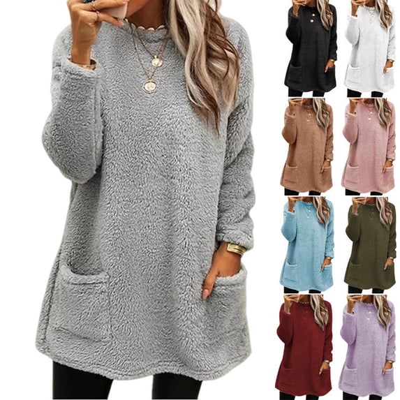 Womens Comfort Cozy Sweaters for Anxiety Long Sleeve Shirts Crew Neck Sweatshirts Lightweight Casual Pullover Winter Warm Cute Long Tops Fuzzy Sherpa Fleece Tunic Sweaters with Pockets Black