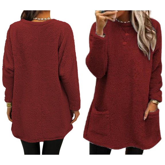 Womens Comfort Cozy Sweaters for Long Sleeve Round Neck Light Weight Casual Pullover Winter Long Tops Wine Red XXXL